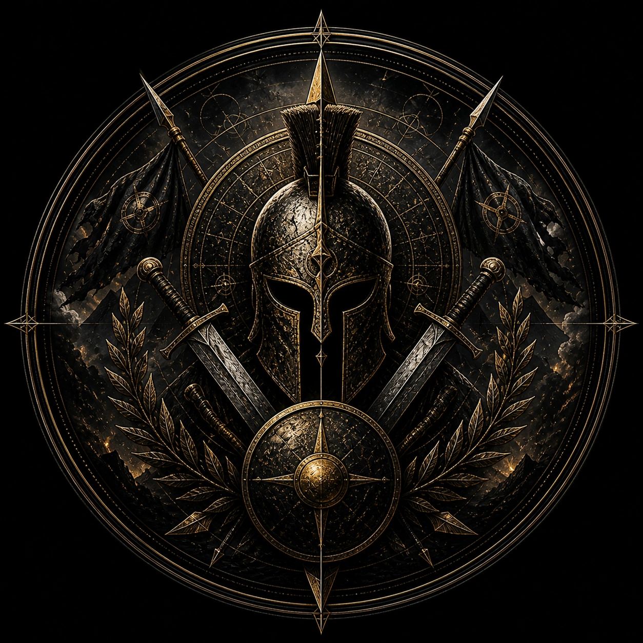 Intricate Spartan warrior emblem with helmet, swords, shield, and laurel leaves.