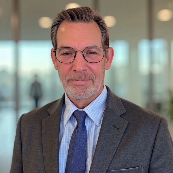 Professional man in glasses and suit smiling.