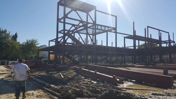 Steel framework of a building under construction.