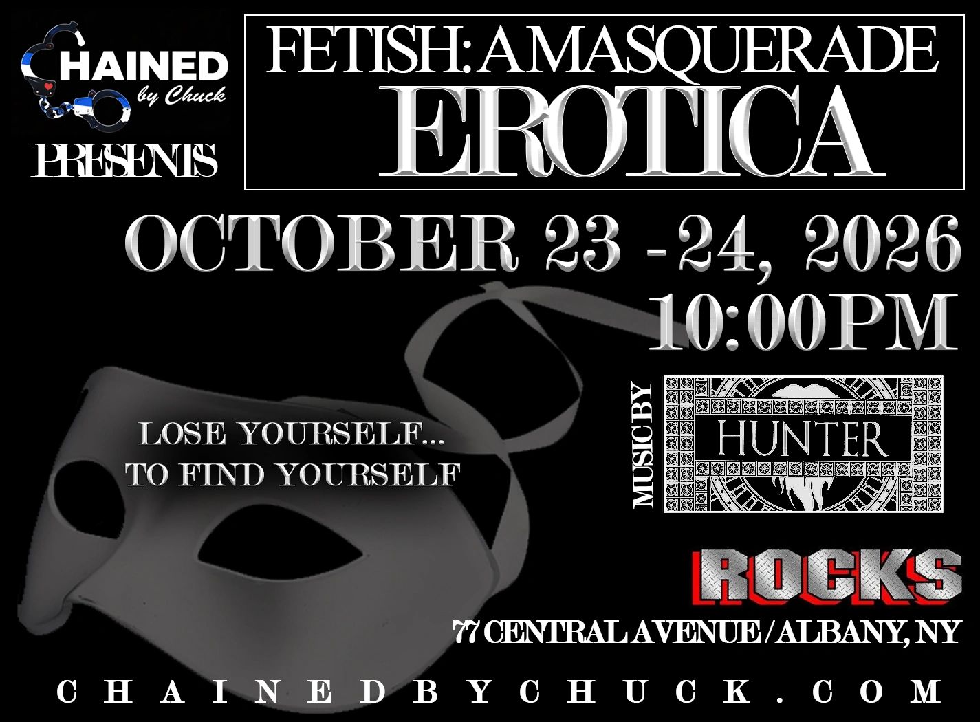 Fetish: A Masquerade Erotica event on October 23-24, 2026, at ROCKS in Albany, NY.