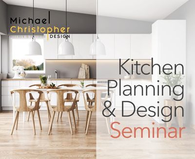 Modern kitchen with wooden chairs promoting a kitchen design seminar.
