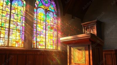 Sunlight streams through stained glass windows onto a wooden church pulpit.