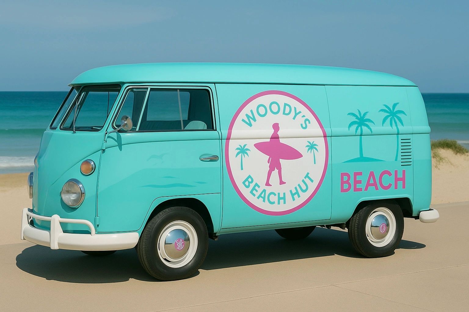 Turquoise vintage van with beach hut logo by the seaside.