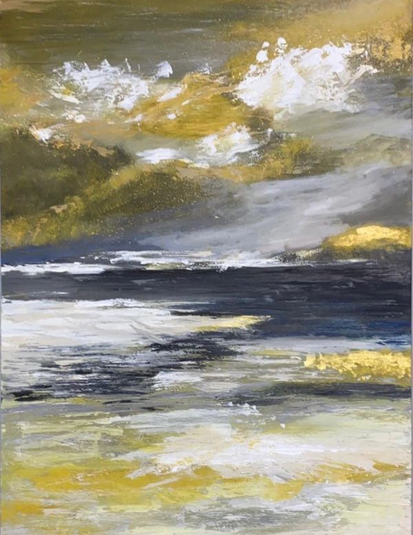 Abstract painting with golden, white, and gray hues depicting a dynamic seascape.