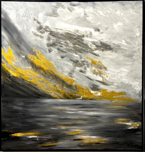 Abstract painting with gray, white, and yellow brush strokes.