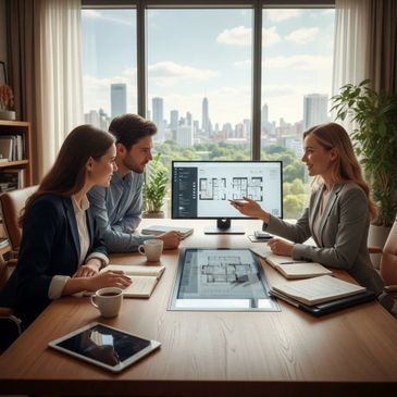 Three professionals discussing architectural plans in a modern office with city skyline views.