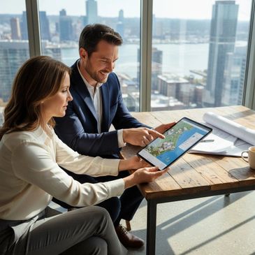 Two professionals reviewing architectural plans on a tablet in an office with city views.