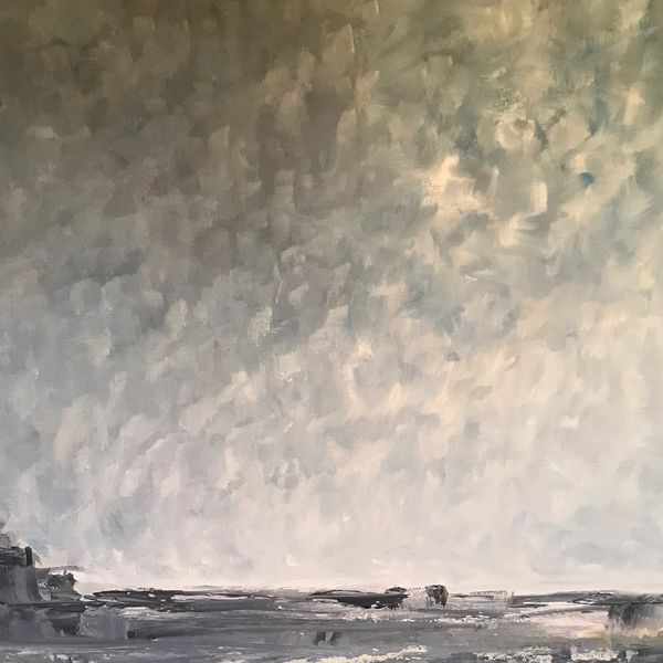 Oil painting of grey, stormy sky over coastal scene.