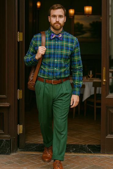 Man in green plaid shirt and green trousers walking out a door.