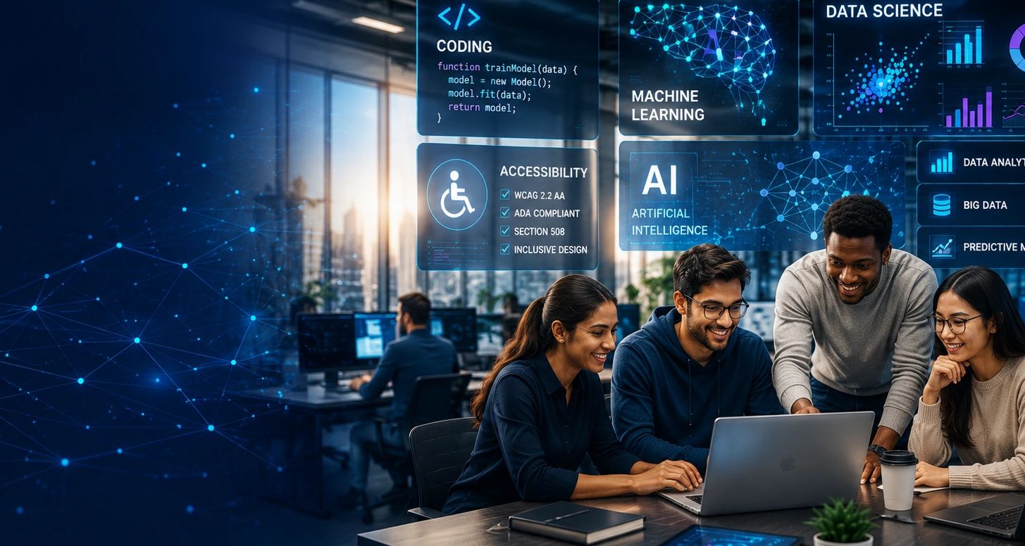 Team of technology professionals collaborating in a modern digital workspace