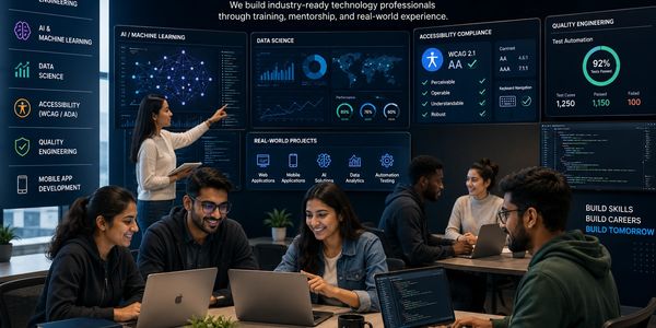 Technology professionals collaborating in a modern innovation center