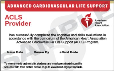 ACLS Provider certificate from American Heart Association for Advanced Cardiovascular Life Support.