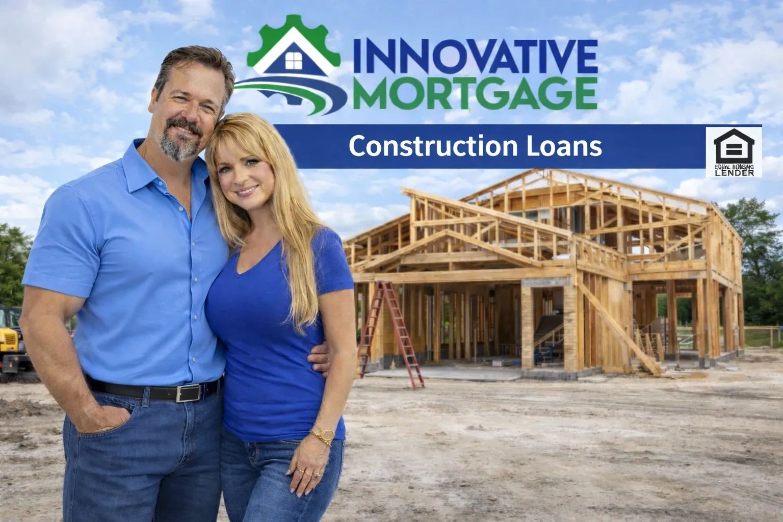 Happy couple stands in front of a house under construction, promoting Innovative Mortgage construction loans.