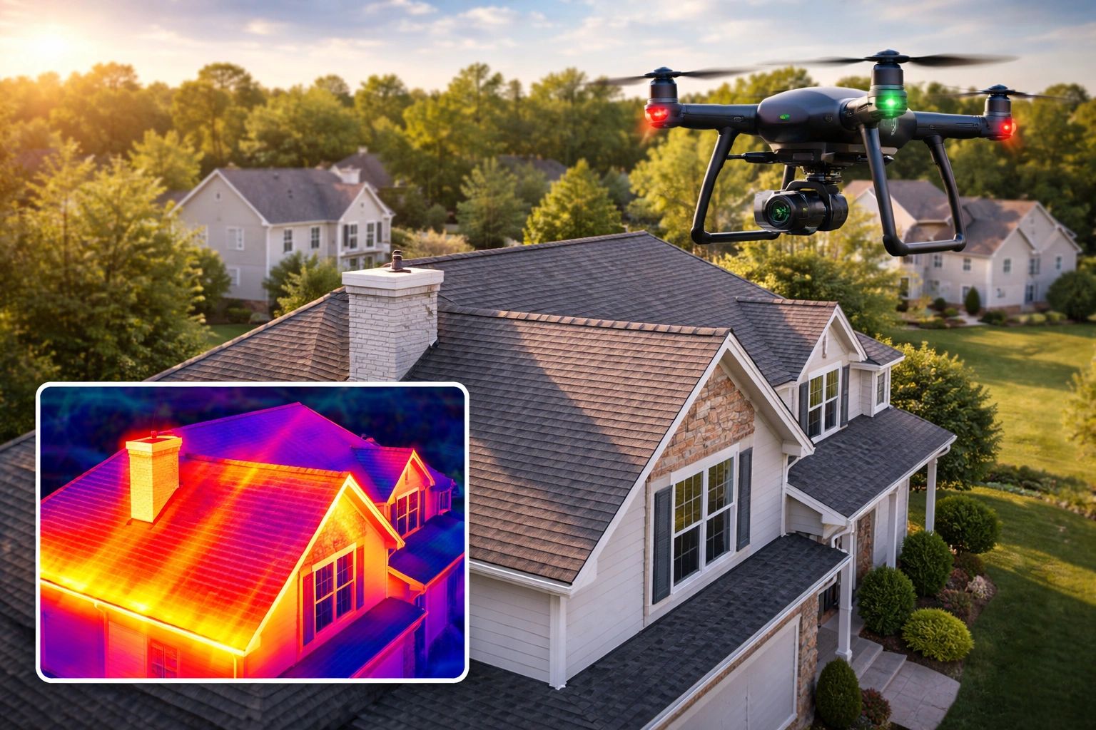 Drone capturing thermal imaging of a house roof for heat loss detection.