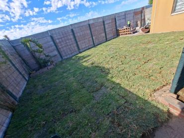 A small backyard with freshly laid sod and a concrete fence under a blue sky.