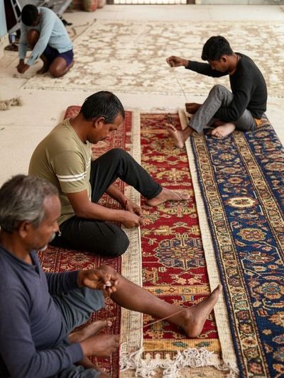 Four men hand-weaving intricate rugs while sitting on the floor.