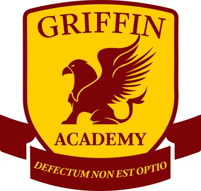 Yellow and maroon Griffin Academy emblem with a griffin and Latin motto.