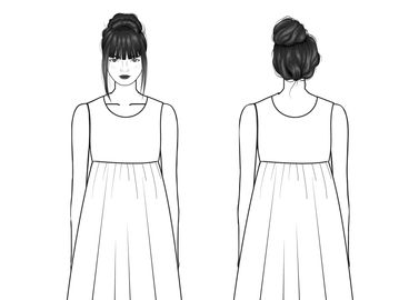 Front and back view of a sleeveless dress with gathered waist.
