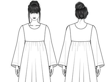 Front and back sketch of a long-sleeve dress design.