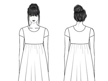 Black and white front and back fashion sketch of a dress.