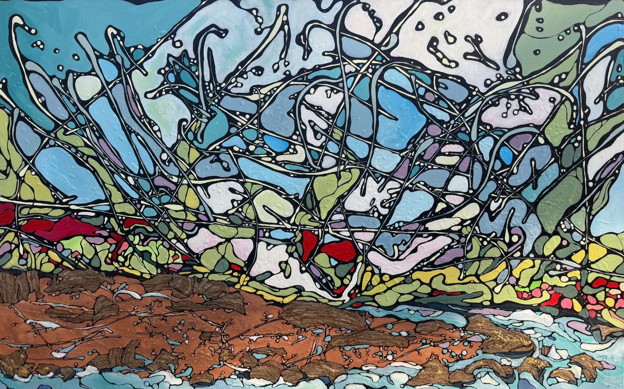 Colorful abstract painting with flowing black lines and varied shapes.