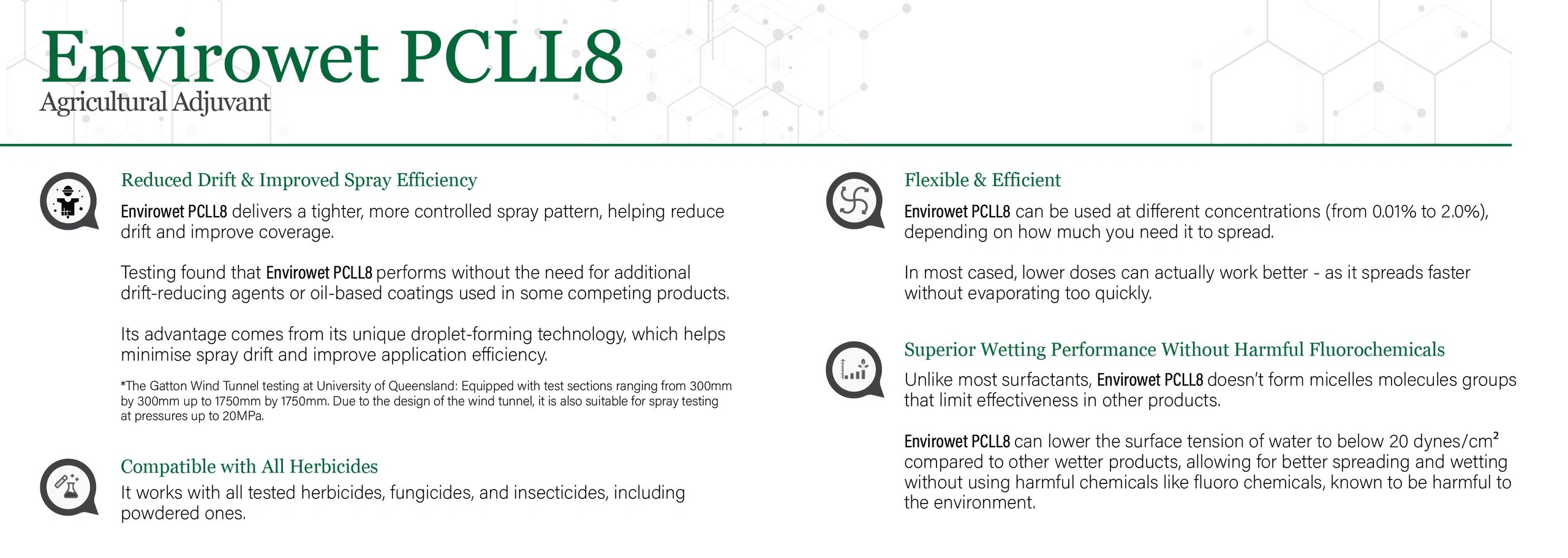 Envirovet PCLL8 improves spray efficiency, reduces drift, and works with herbicides without harmful chemicals.