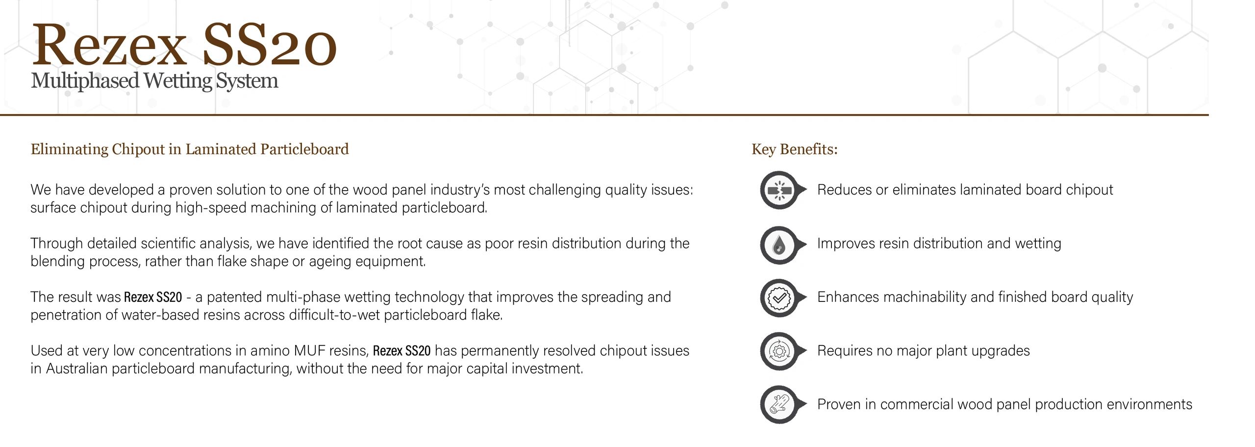 Rezex SS20 improves laminated particleboard quality by eliminating surface chipout.