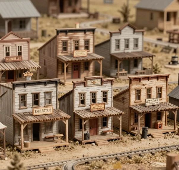 Miniature Old West town with detailed wooden buildings and railroad tracks.