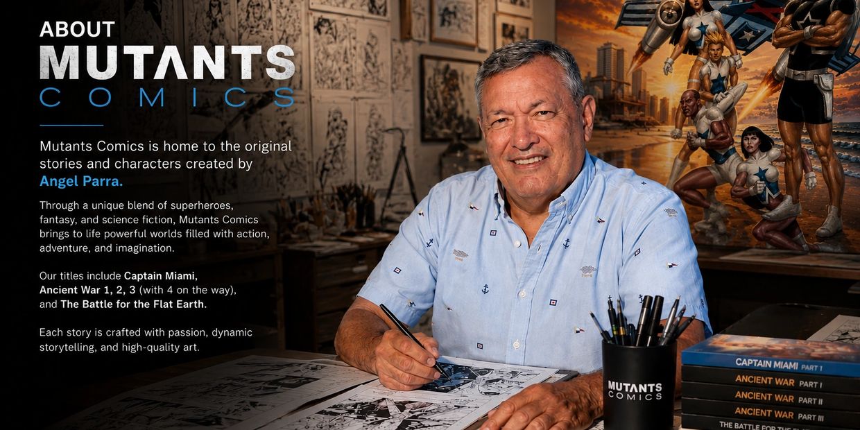 Comic creator Angel Parra working in his studio surrounded by original artwork from Captain Miami, A