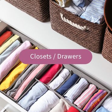 Closets and drawers title with an image of an organized drawer.
