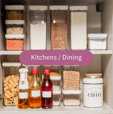 Kitchens and Dining title with an image of an organized kitchen cabinet.