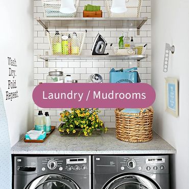 Laundry and Mudrooms title with image of an organized laundry room.