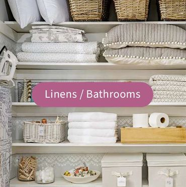 Linens and Bathrooms title with an image of organized linens.