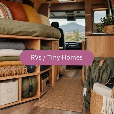 RVs and tiny homes title with an image of an organized RV.