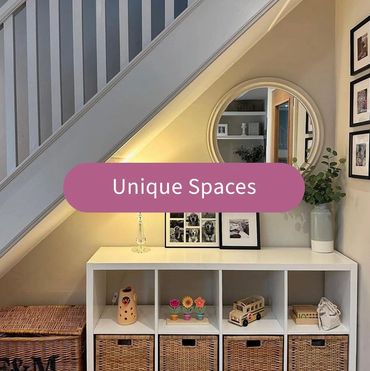 unique spaces title with an image of an organized space under the stairs.