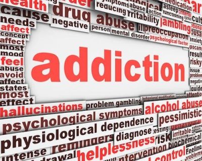 Collage of words related to addiction and its symptoms.