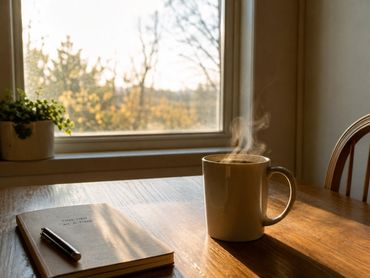 A mug of tea by a window in early morning light