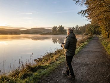 A peaceful reservoir path, countryside walk, or someone holding a camera outdoors in morning light.