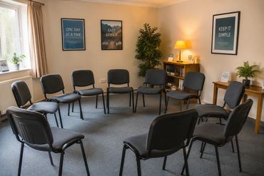 A small circle of chairs in a simple meeting room, or two people chatting over tea after a meeting.