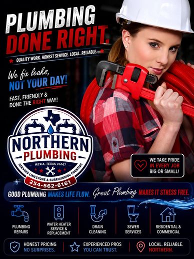 Advertisement for Northern Plumbing featuring a female plumber with tools.