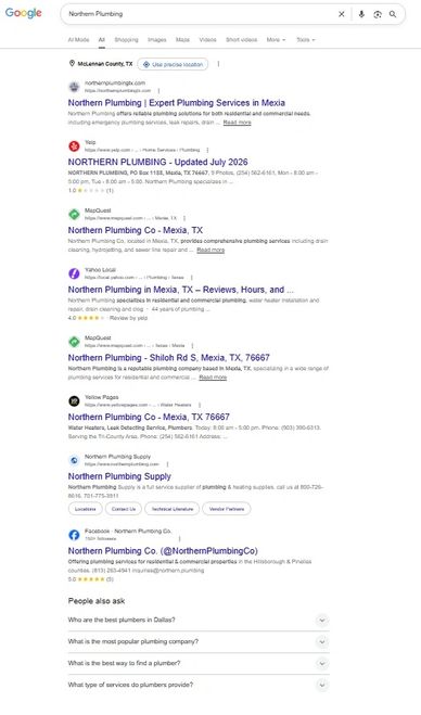 Google search results for Northern Plumbing in Mexia, TX.