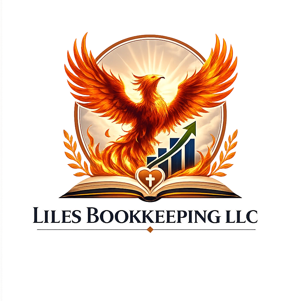 Liles Bookkeeping LLC logo with a fiery phoenix and financial growth graph.