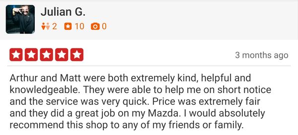 5 star review for Corner Automotive from Yelp, automotive shop review, automotive service