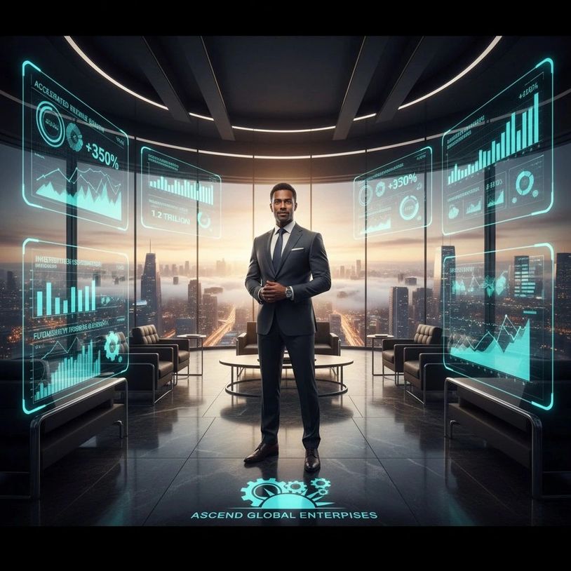 Businessman in futuristic office with floating digital graphs.
