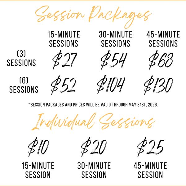 Price list for session packages and individual sessions by duration.