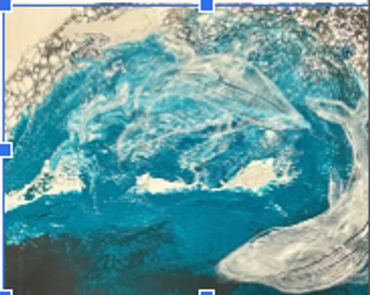 A big wave with two whales blending into the waters