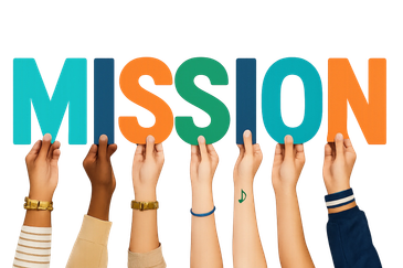 Diverse hands holding colorful letters spelling MISSION.