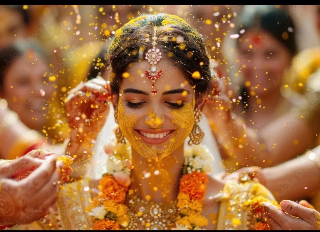 Smiling bride covered in turmeric during Indian wedding ritual.