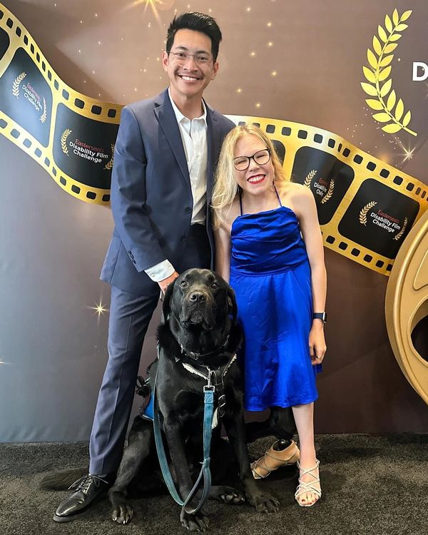 Cassidy, Kaz and Champ are all dressed up at the Easterseals Disability Film Challenge.