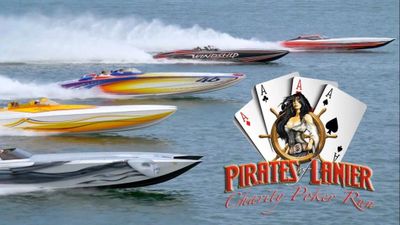 High-speed powerboats racing on water with a pirate-themed logo.